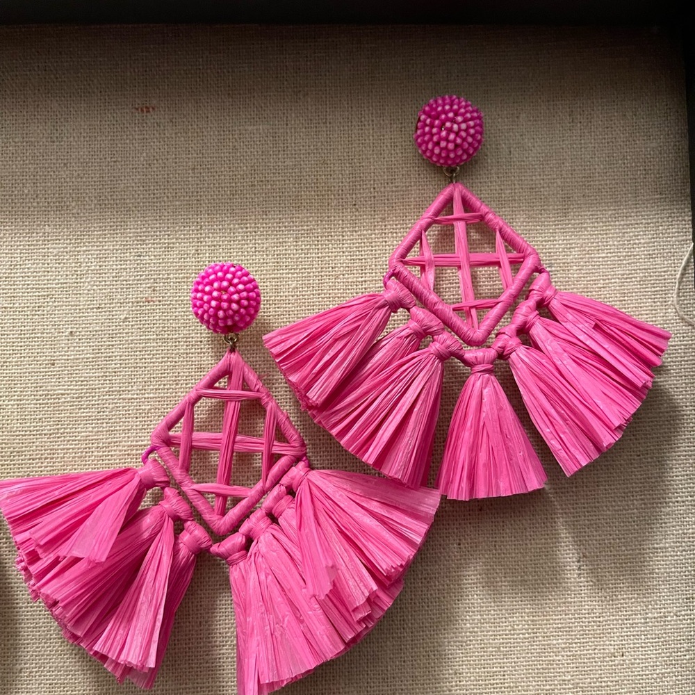 BaubleBar Sahari Raffia Drop Earrings in hot pink
